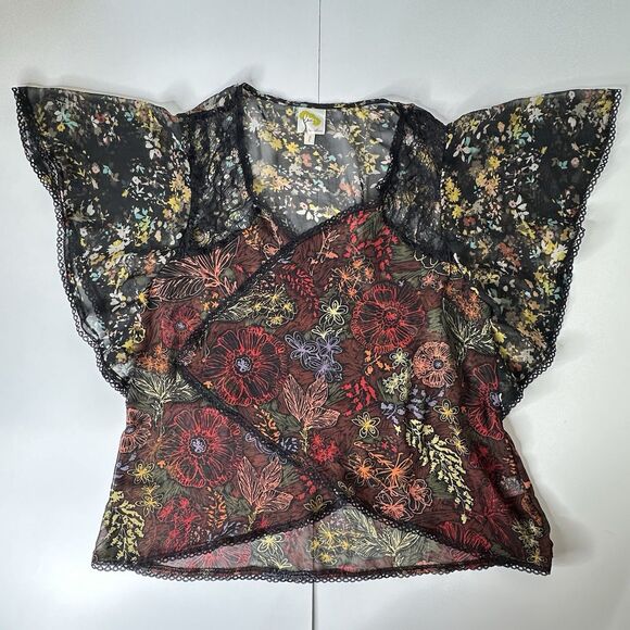 Fig And Flower Sheer Cardigan Top L Black Floral Flutter Sleeve Whimsigoth Fairy - Picture 5 of 14